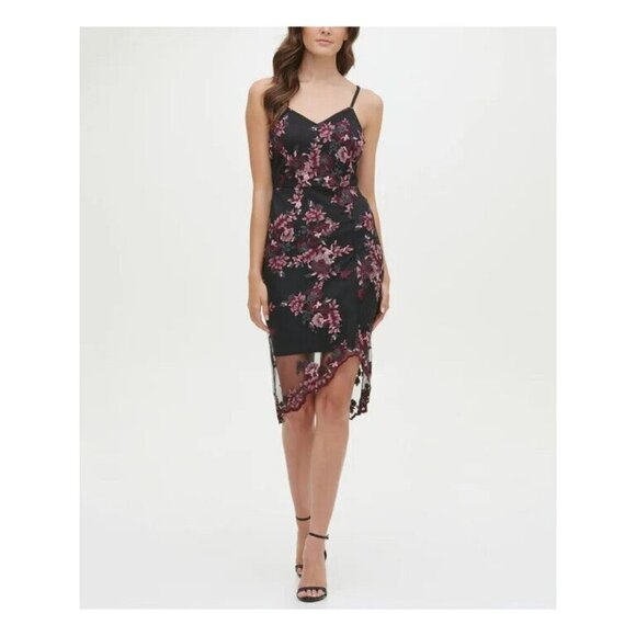 GUESS Dresses & Skirts - NWT GUESS Womens Black Floral Spaghetti Strap Asymmetrical Bodycon Dress Size 4